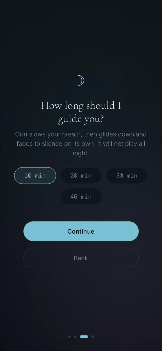 Drift screen asking how long Orin should guide you, with 10, 20, 30, and 45 minute options